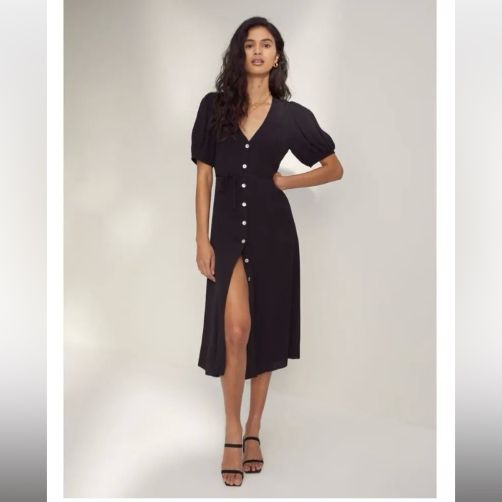 Aritzia Black Button Front Puff Sleeve Dress